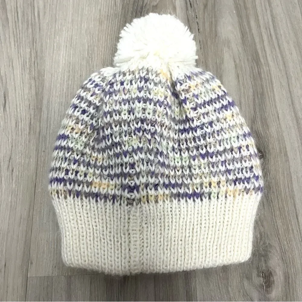Under Armour Hat Girls Youth OS White and Purple Marled Knit Beanie with Puff‎